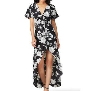 Louna Dress Women Small Black White Floral‎ Maxi High Low V-Neck Tie Front